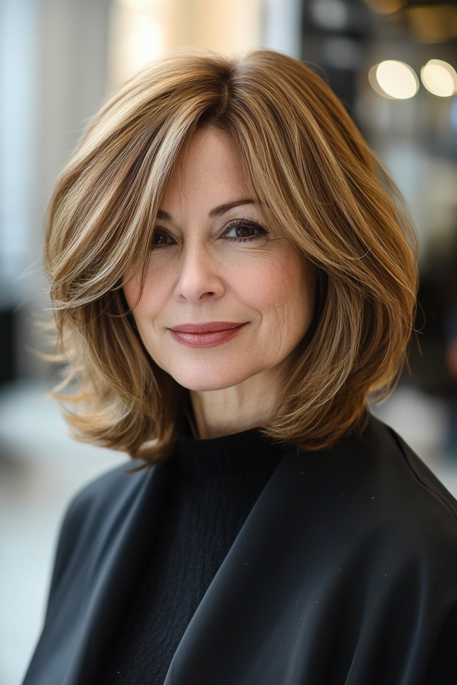 17. Disconnected Lob in Golden Brown (Long Bob Haircuts For Older Women) - Long Bob Haircuts For Older Women