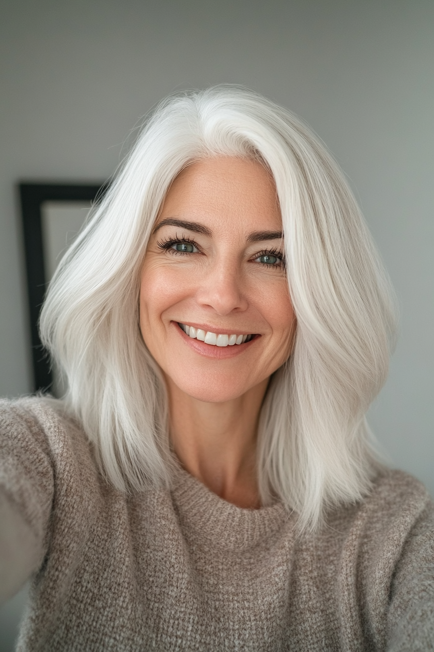 18. Classic Lob with Natural White (Long Bob Haircuts For Older Women) - Long Bob Haircuts For Older Women