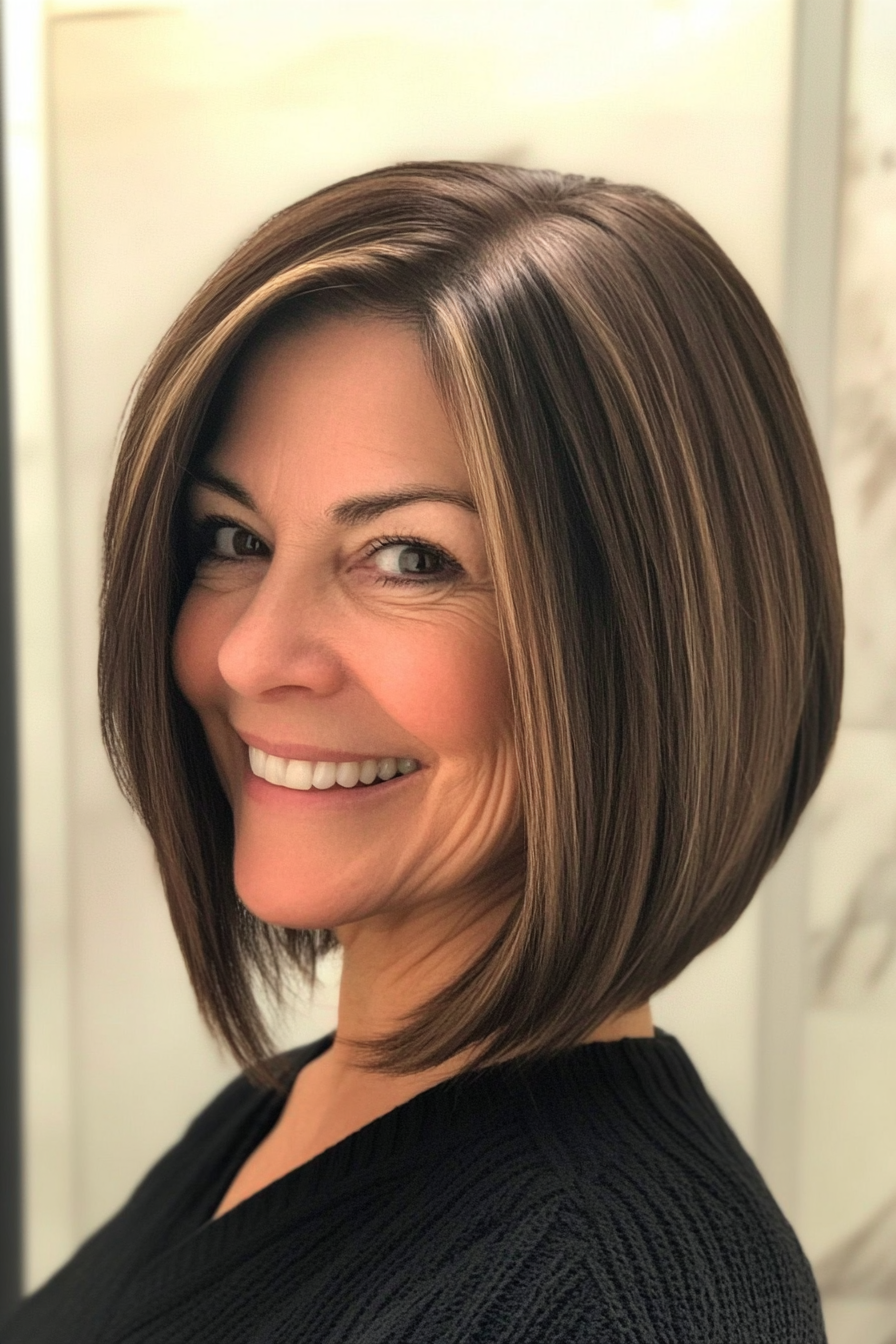 20. Inverted Lob with Warm Brunette (Long Bob Haircuts For Older Women) - Long Bob Haircuts For Older Women