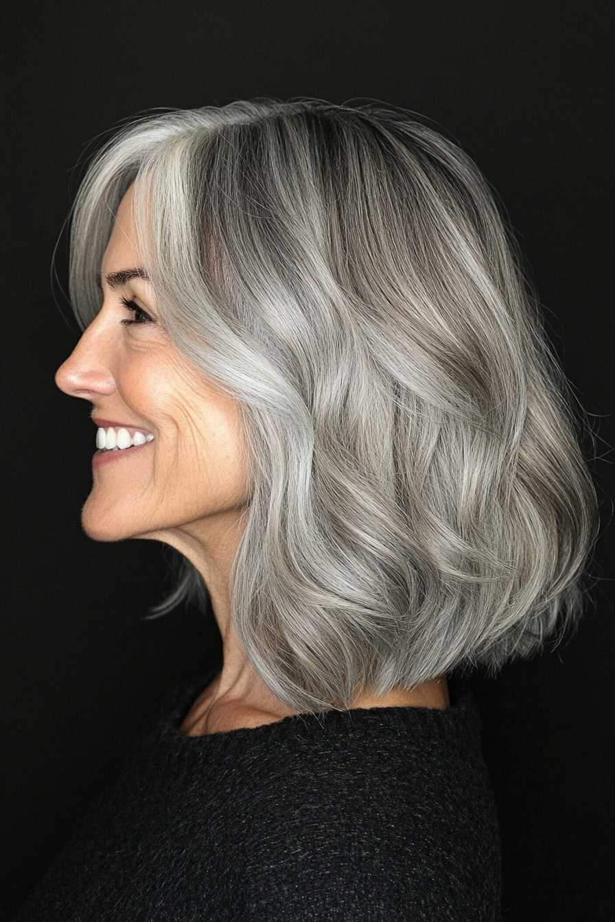 21. Subtle Wave Lob in Ash Gray (Long Bob Haircuts For Older Women) - Long Bob Haircuts For Older Women