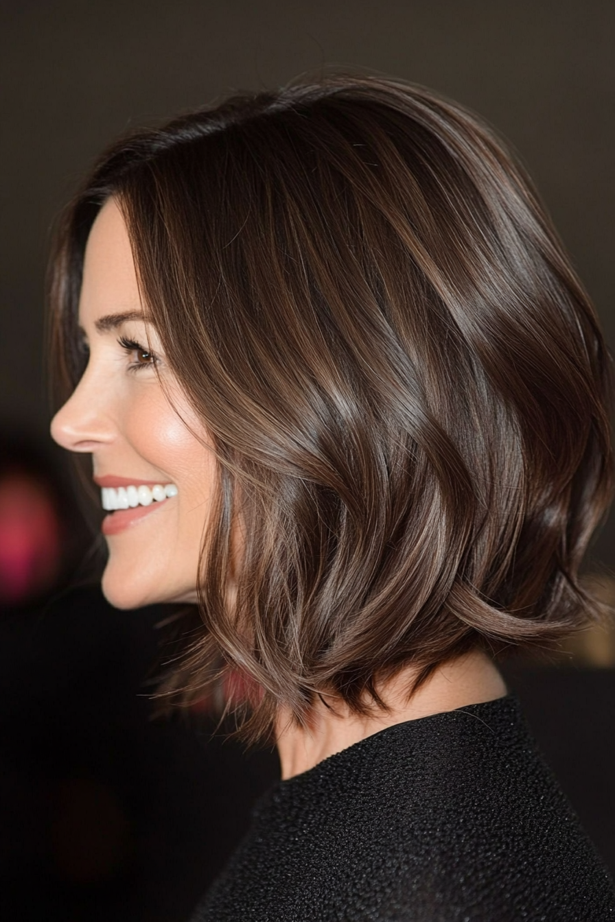 22. Side-Swept Lob with Espresso Brown (Long Bob Haircuts For Older Women) - Long Bob Haircuts For Older Women