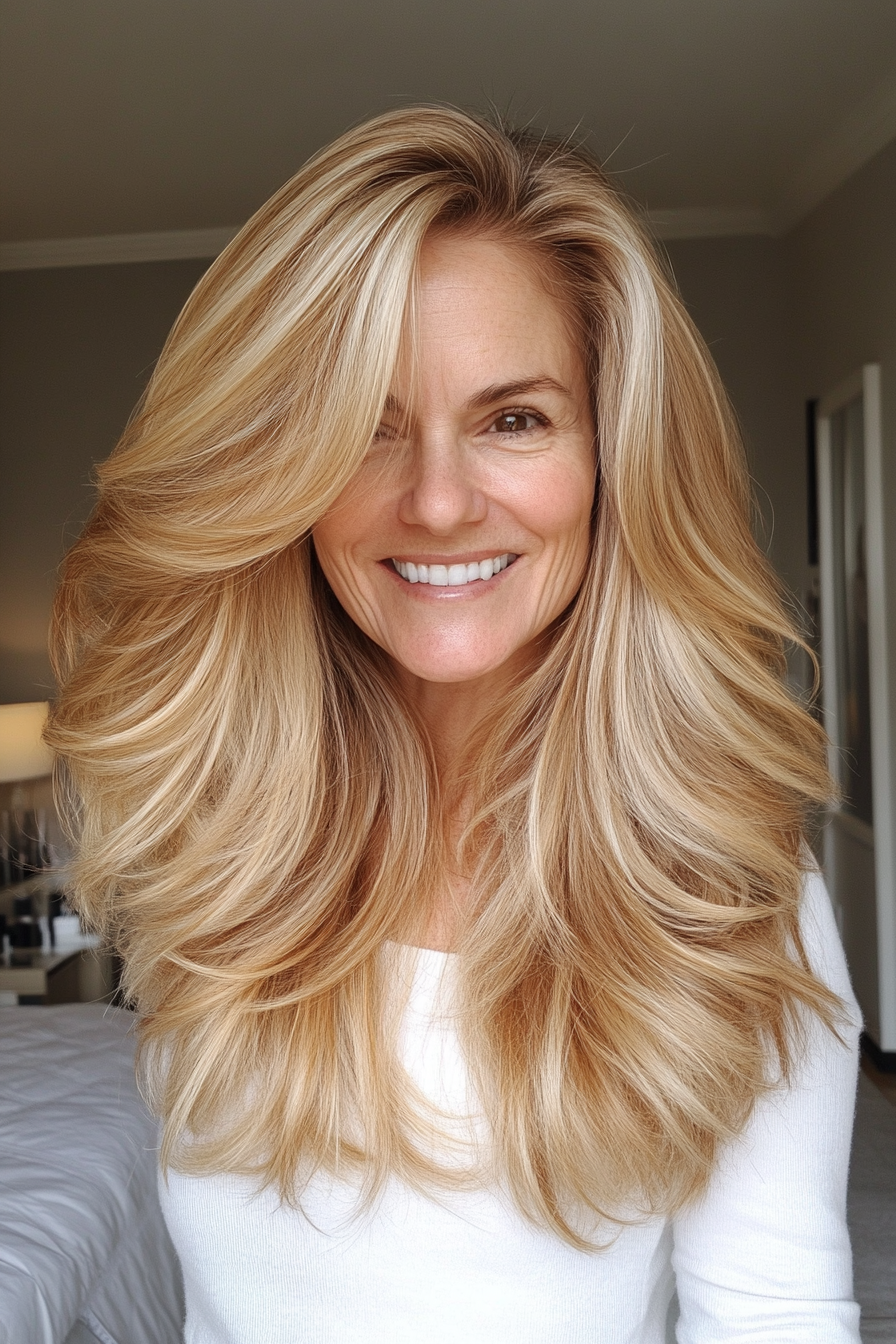 2. Golden Blonde Waves (Long Layered Haircuts For Older Women) - Long Layered Haircuts For Older Women