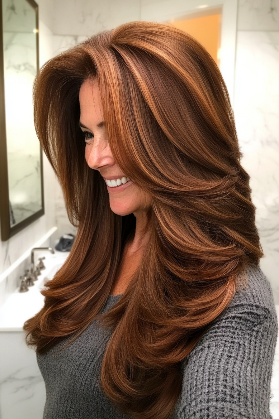 4. Chestnut Brown Layers (Long Layered Haircuts For Older Women) - Long Layered Haircuts For Older Women