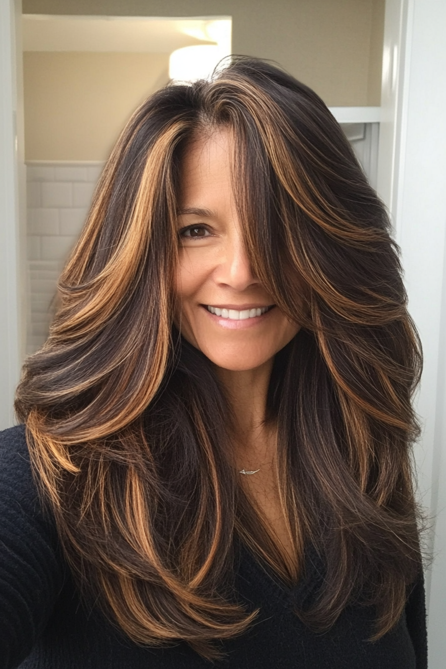6. Caramel Highlights with Layers (Long Layered Haircuts For Older Women) - Long Layered Haircuts For Older Women