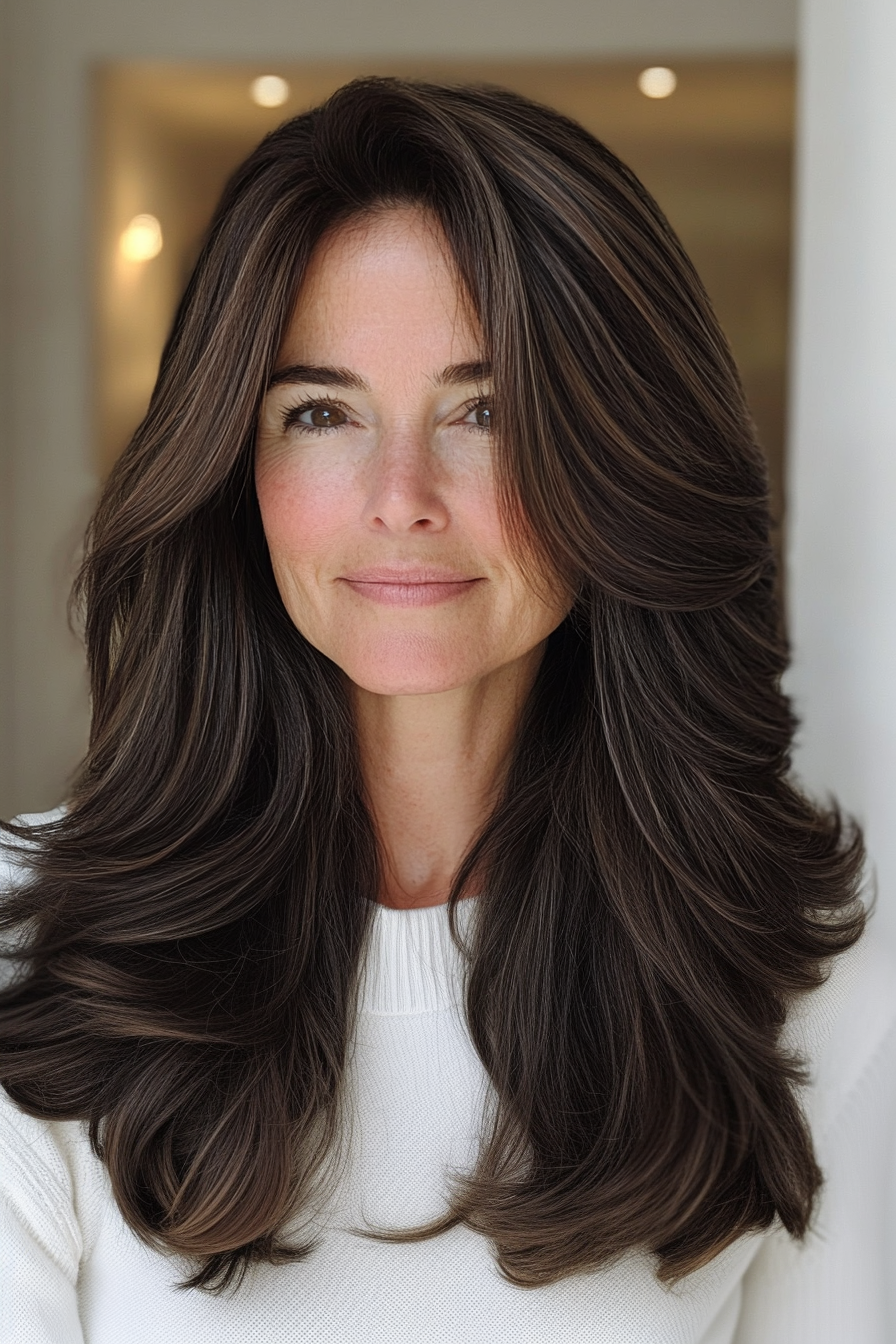8. Dark Brown with Subtle Layers (Long Layered Haircuts For Older Women) - Long Layered Haircuts For Older Women