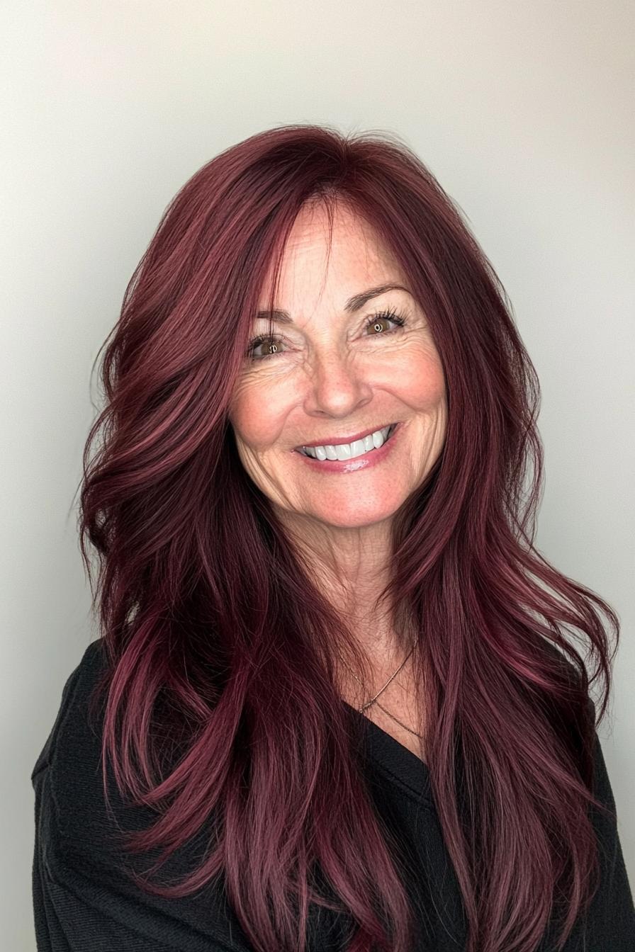 10. Rich Burgundy Layers (Long Layered Haircuts For Older Women) - Long Layered Haircuts For Older Women