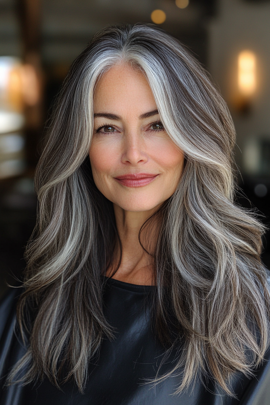 15. Dark Brown and Silver Layers (Long Layered Haircuts For Older Women) - Long Layered Haircuts For Older Women