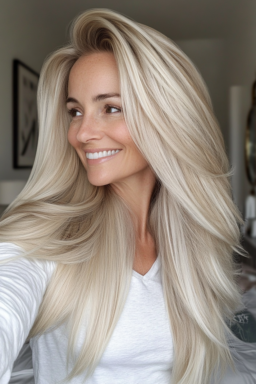 18. Ivory Blonde with Flowing Layers (Long Layered Haircuts For Older Women) - Long Layered Haircuts For Older Women