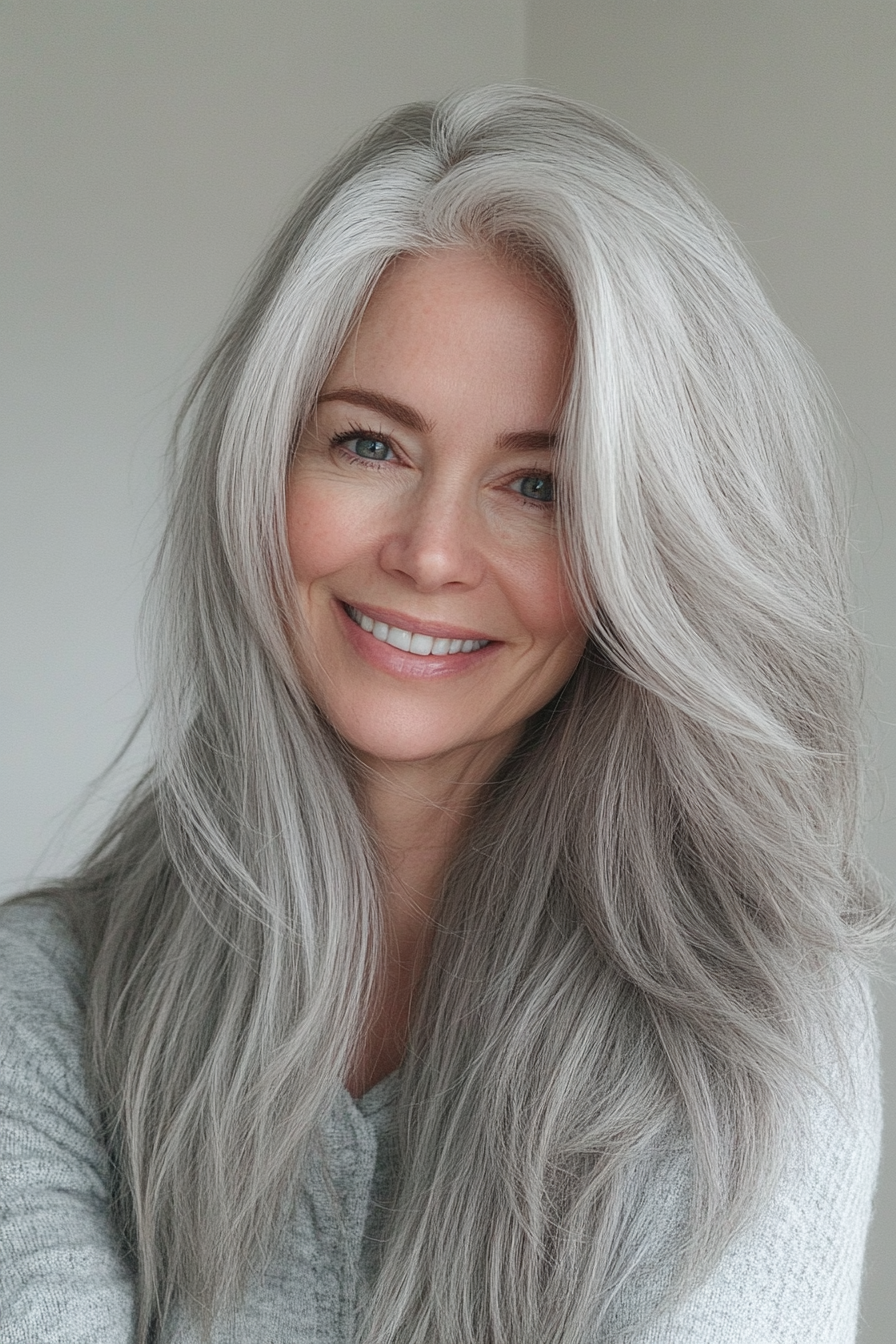 23. Light Gray with Wispy Layers (Long Layered Haircuts For Older Women) - Long Layered Haircuts For Older Women