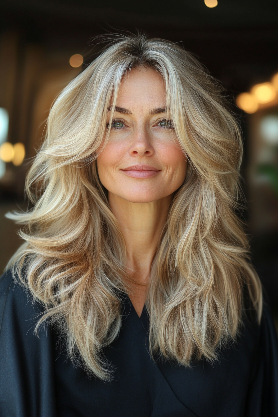 24. Warm Blonde with Beachy Layers (Long Layered Haircuts For Older Women) - Long Layered Haircuts For Older Women