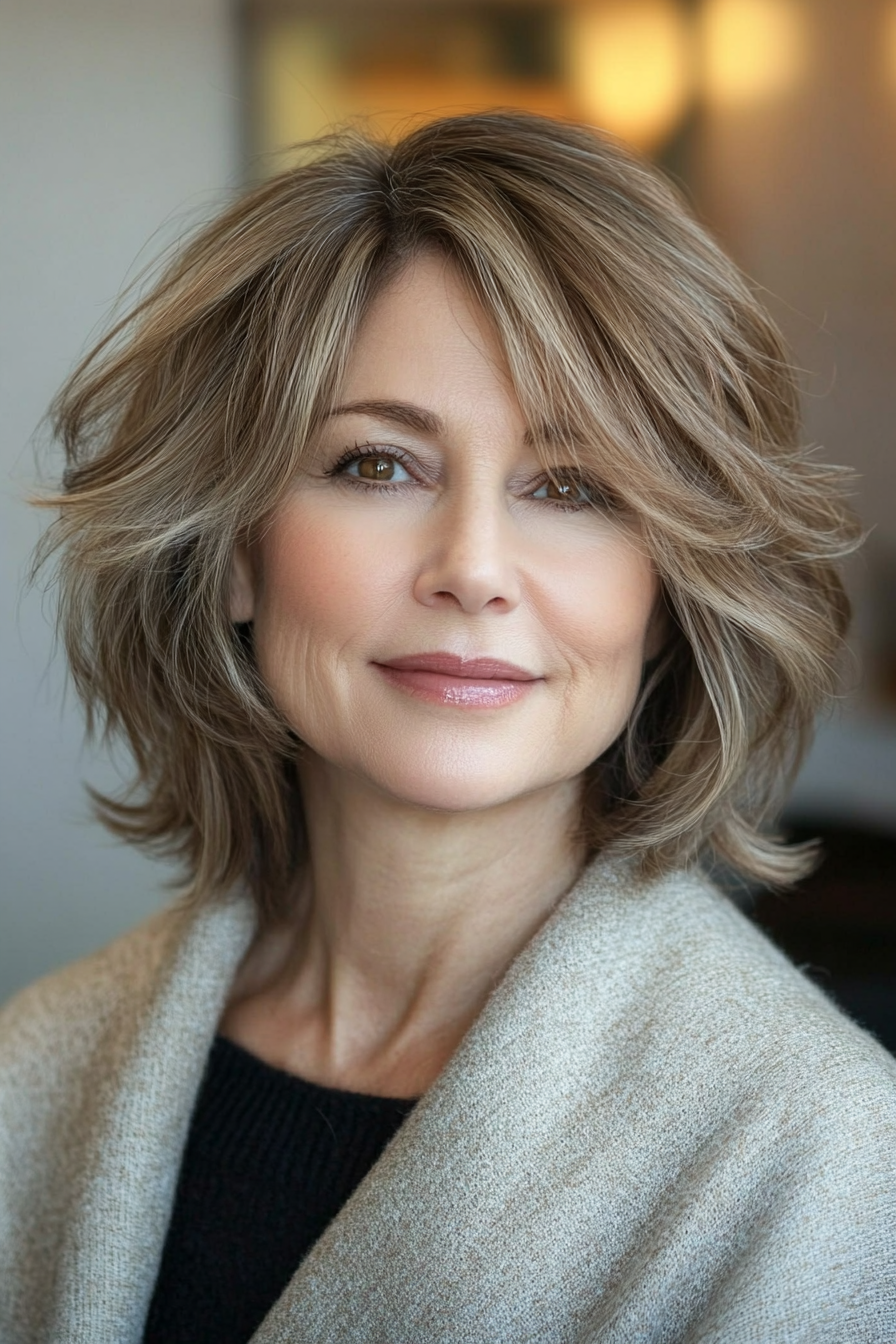 2. Wispy Layered Bob in Ash Brown (Shaggy Layered Hairstyles For Women Over 50) - Shaggy Layered Hairstyles For Women Over 50