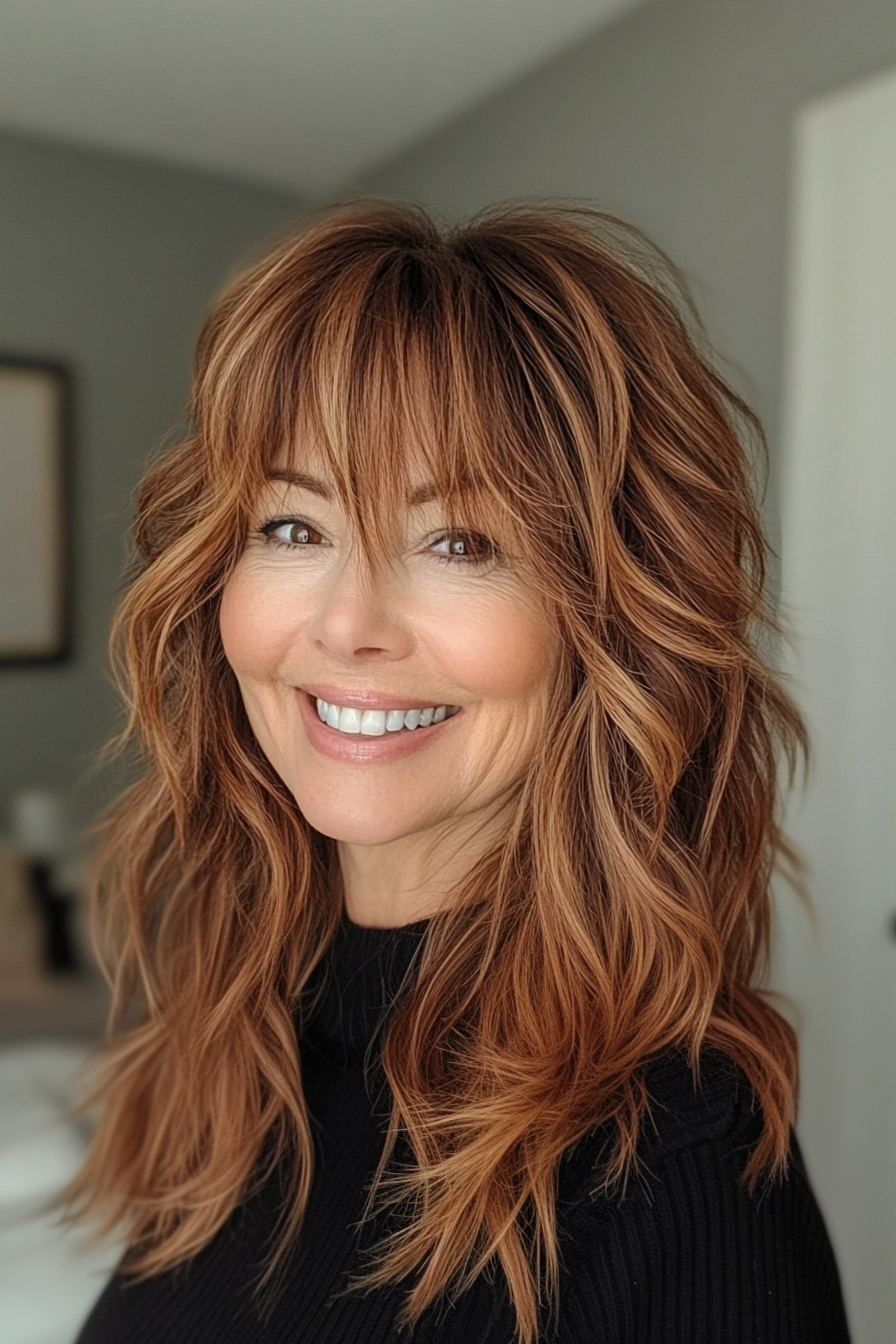 4. Shoulder-Length Shag with Chestnut Highlights (Shaggy Layered Hairstyles For Women Over 50) - Shaggy Layered Hairstyles For Women Over 50
