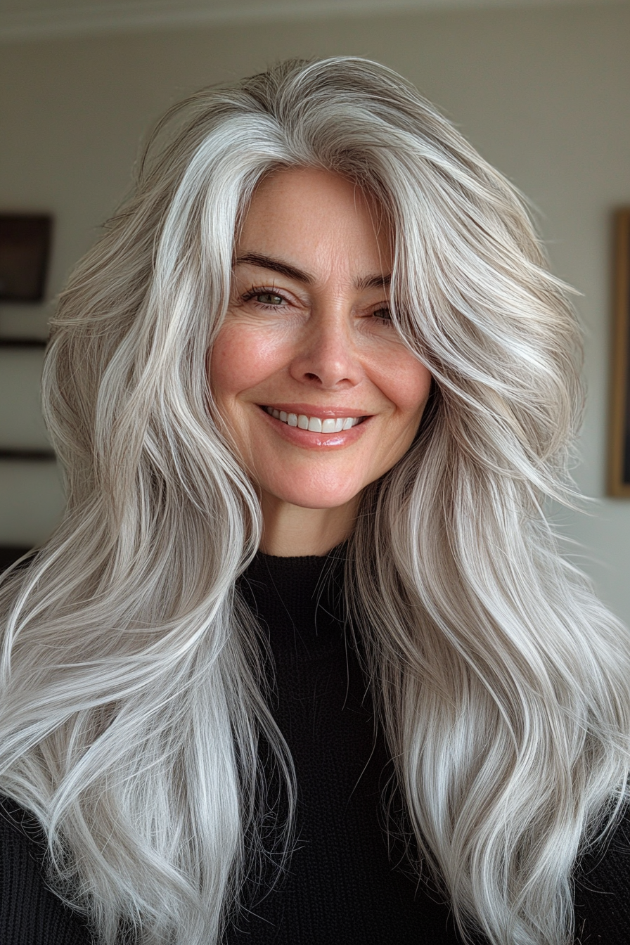 7. Textured Shag with Silver Streaks (Shaggy Layered Hairstyles For Women Over 50) - Shaggy Layered Hairstyles For Women Over 50