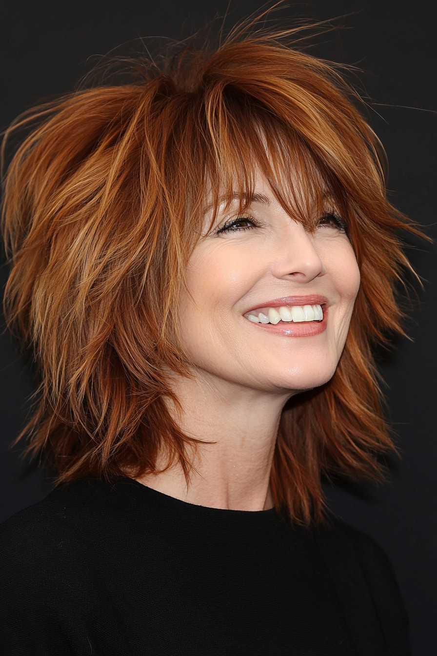 9. Messy Shag Cut in Medium Auburn (Shaggy Layered Hairstyles For Women Over 50) - Shaggy Layered Hairstyles For Women Over 50
