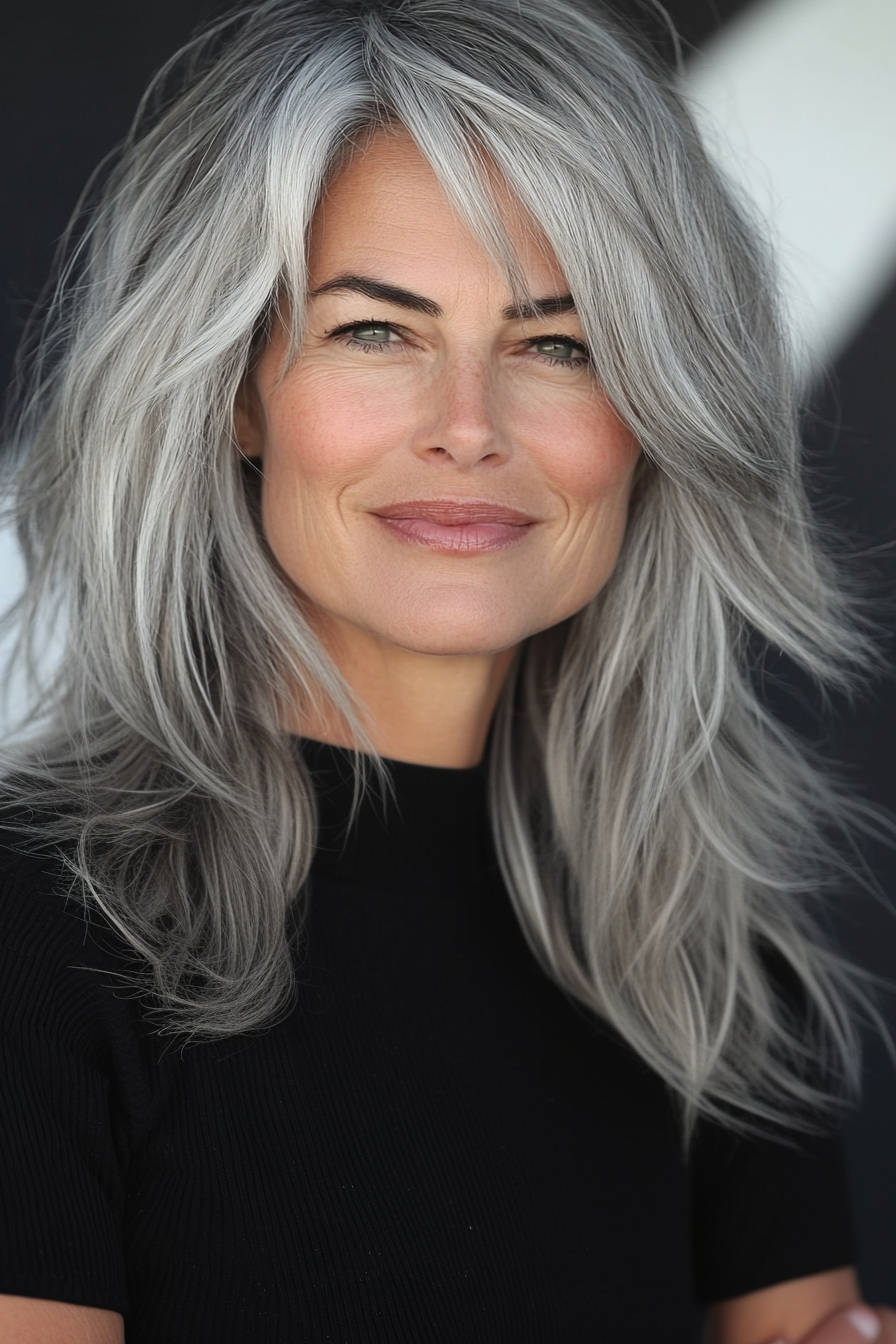 11. Angled Shag in Natural Gray (Shaggy Layered Hairstyles For Women Over 50) - Shaggy Layered Hairstyles For Women Over 50