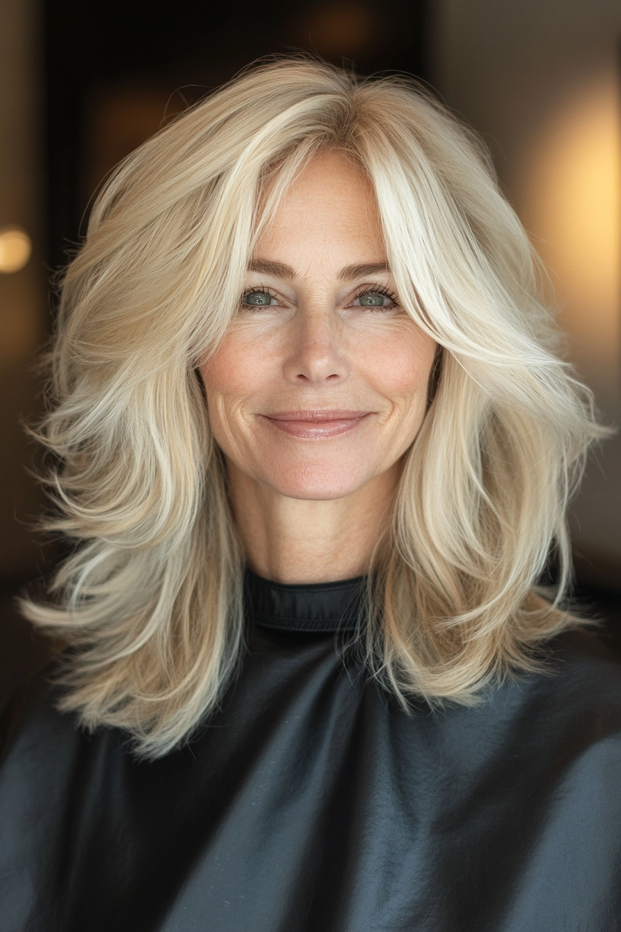 13. Soft Layered Shag in Beige Blonde (Shaggy Layered Hairstyles For Women Over 50) - Shaggy Layered Hairstyles For Women Over 50