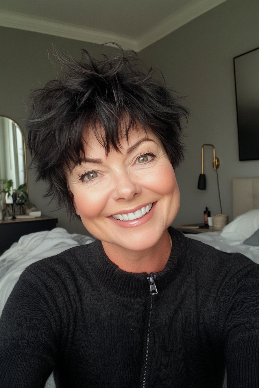 17. Pixie-Inspired Shag in Soft Black (Shaggy Layered Hairstyles For Women Over 50) - Shaggy Layered Hairstyles For Women Over 50