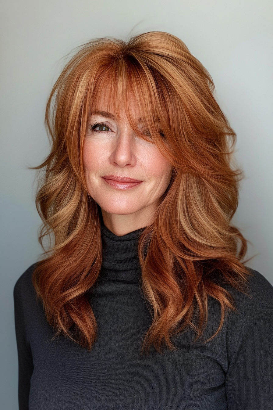 18. Retro Shag with Strawberry Blonde Layers (Shaggy Layered Hairstyles For Women Over 50) - Shaggy Layered Hairstyles For Women Over 50