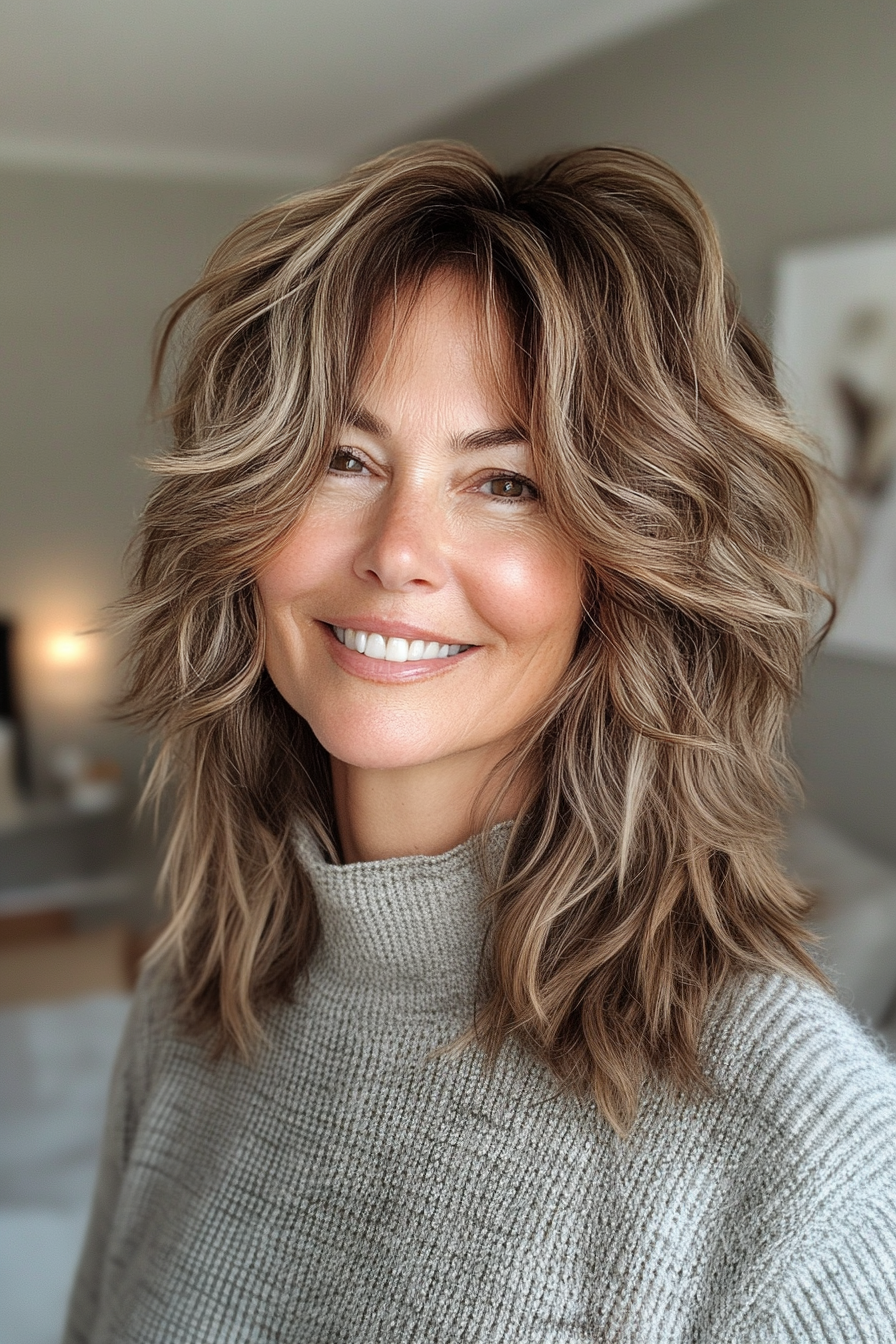 19. Medium Shag in Earthy Brown (Shaggy Layered Hairstyles For Women Over 50) - Shaggy Layered Hairstyles For Women Over 50