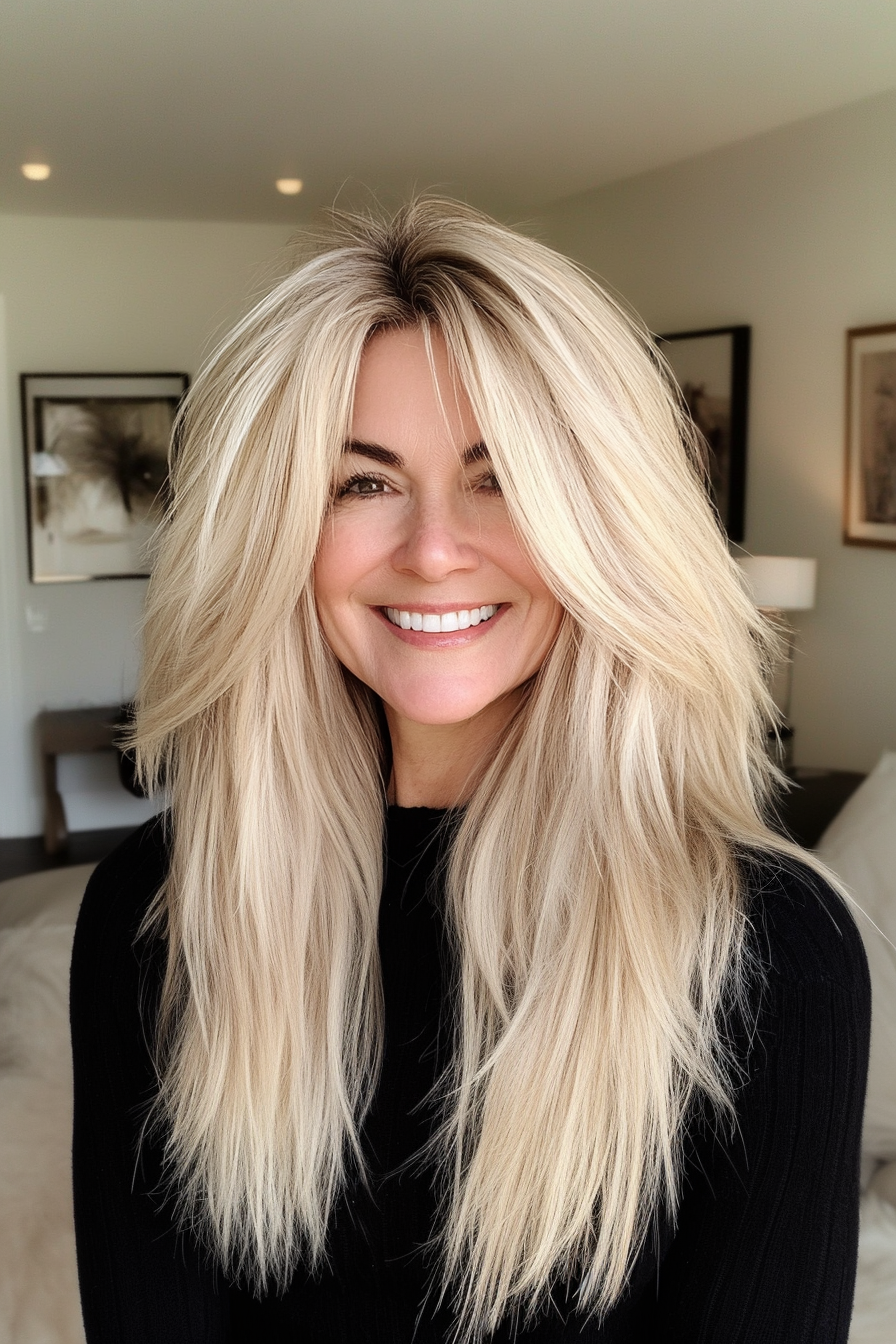 21. Layered Lob Shag in Classic Blonde (Shaggy Layered Hairstyles For Women Over 50) - Shaggy Layered Hairstyles For Women Over 50