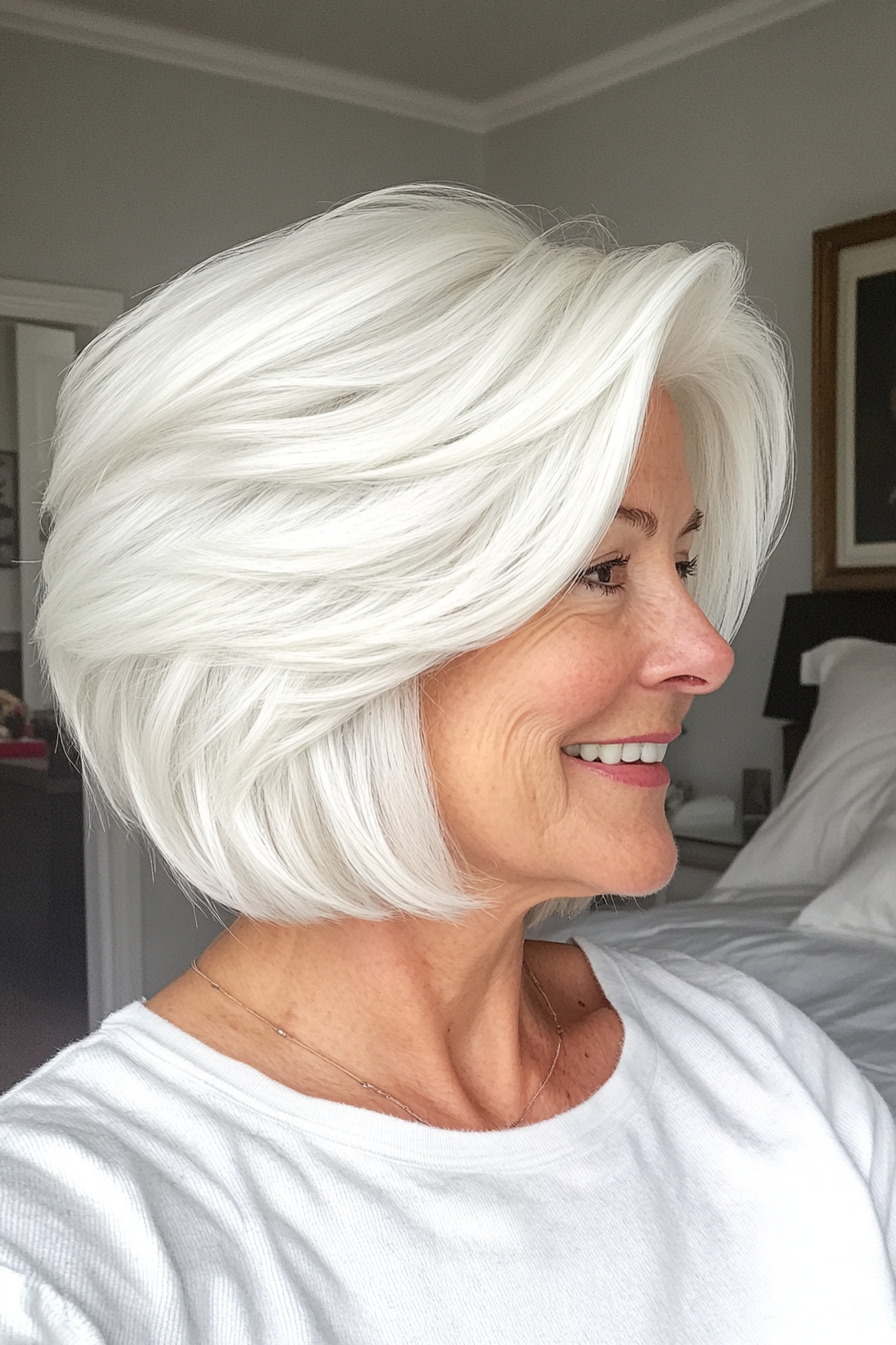 5. Classic White Stacked Bob with Tapered Nape (Stacked Haircuts For Older Women) - Stacked Haircuts For Older Women