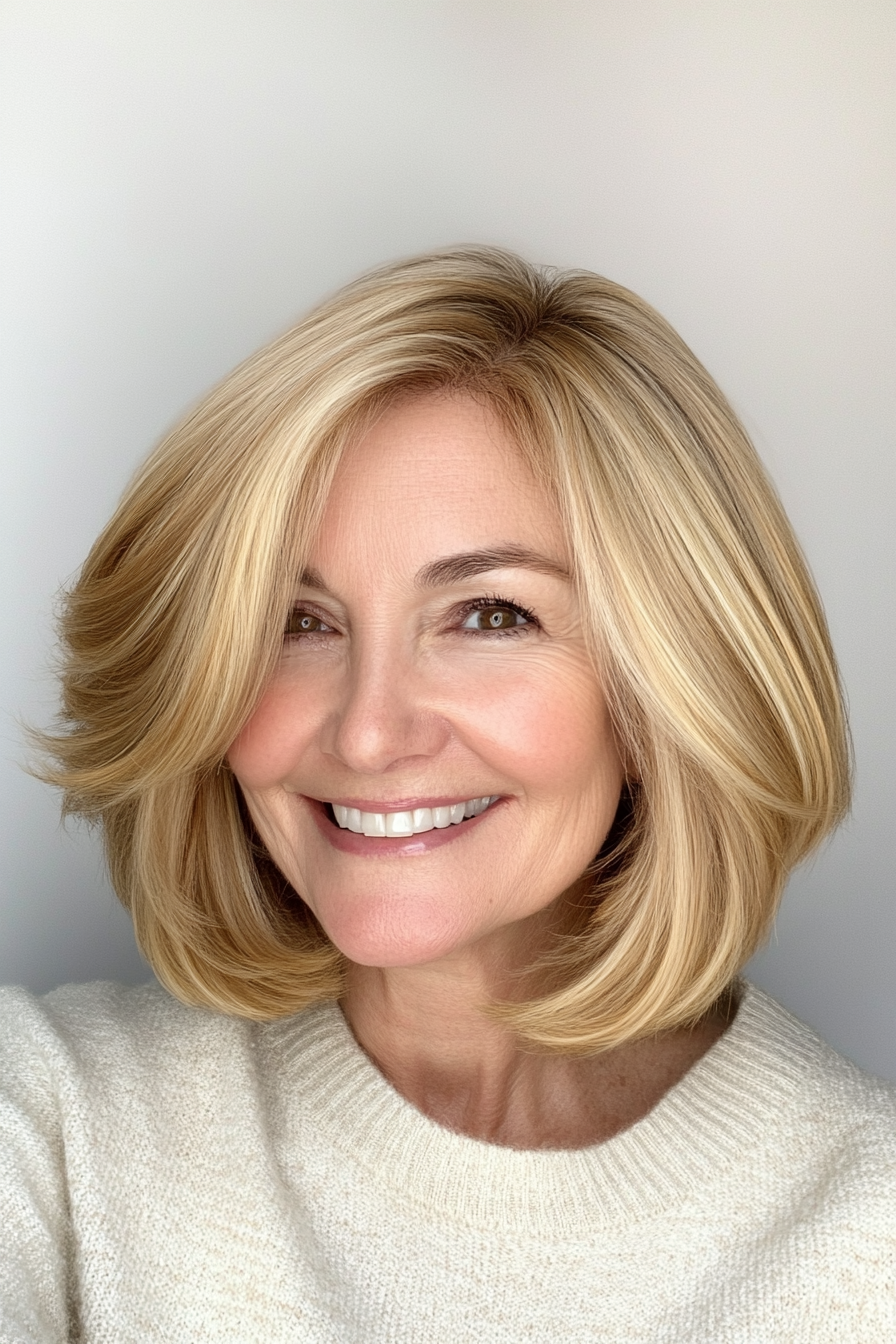 6. Golden Blonde Rounded Stacked Cut (Stacked Haircuts For Older Women) - Stacked Haircuts For Older Women