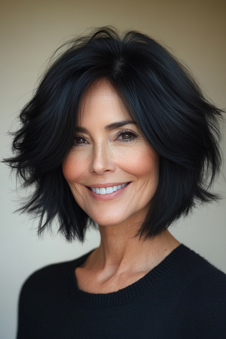 7. Soft Black Stacked Lob with Gentle Layers (Stacked Haircuts For Older Women) - Stacked Haircuts For Older Women