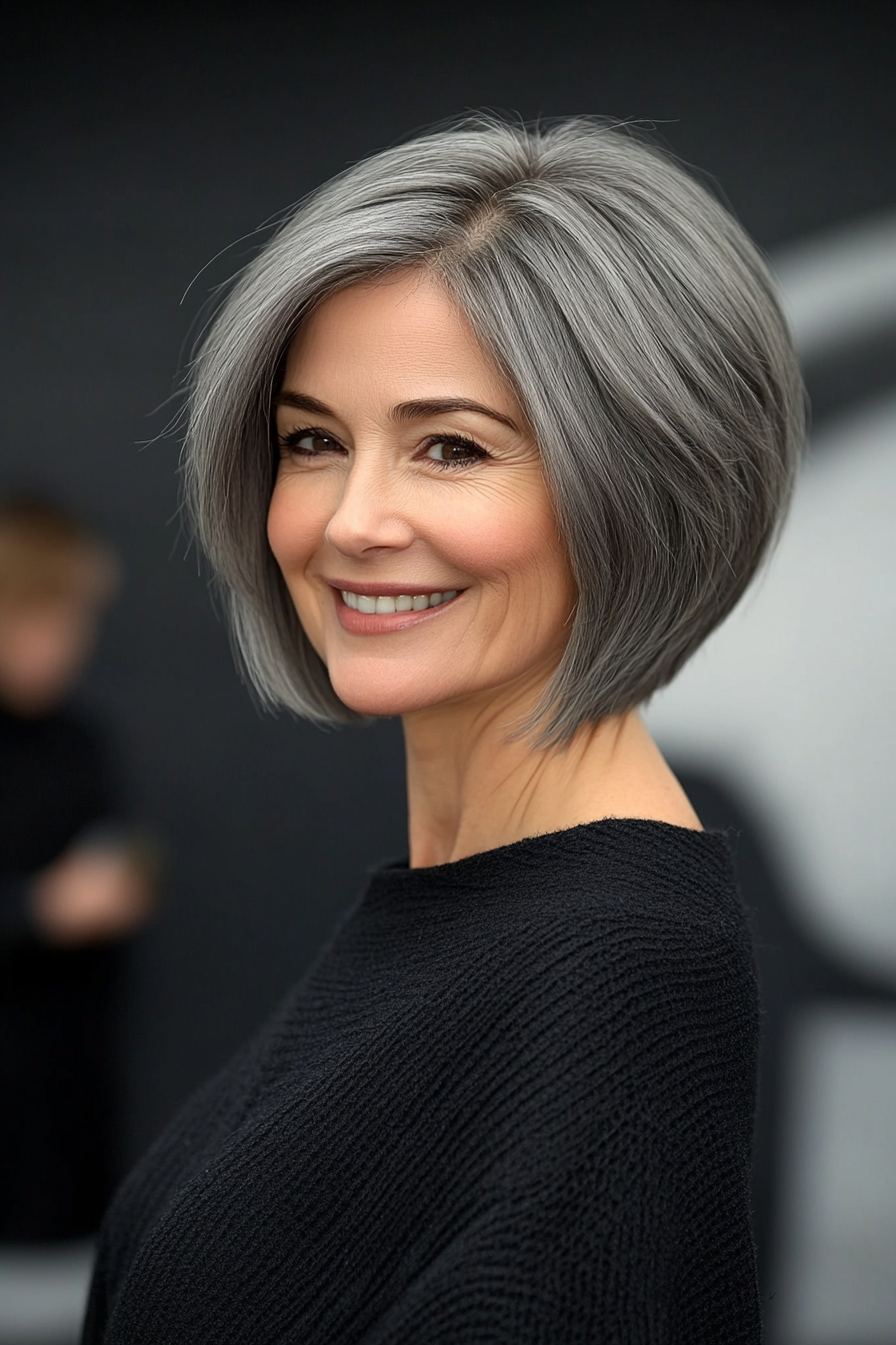 8. Smoky Gray Short Stacked Bob with Side Bangs (Stacked Haircuts For Older Women) - Stacked Haircuts For Older Women