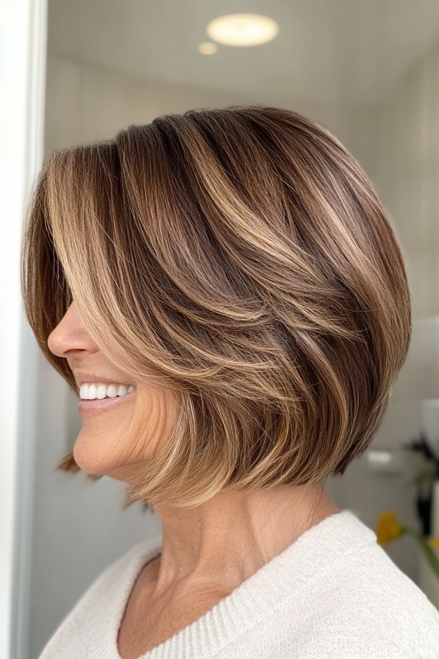 11. Warm Brown Stacked Bob with Face-Framing Highlights (Stacked Haircuts For Older Women) - Stacked Haircuts For Older Women