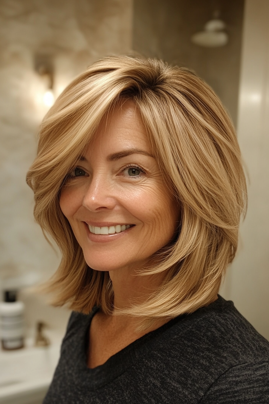 14. Caramel Blonde Stacked Bob with Feathered Layers (Stacked Haircuts For Older Women) - Stacked Haircuts For Older Women