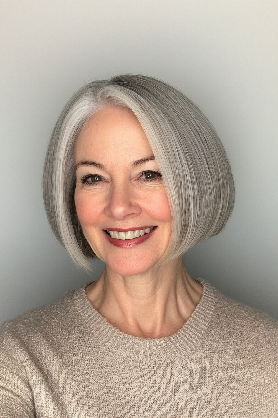 16. Salt-and-Pepper Short Stacked Bob (Stacked Haircuts For Older Women) - Stacked Haircuts For Older Women