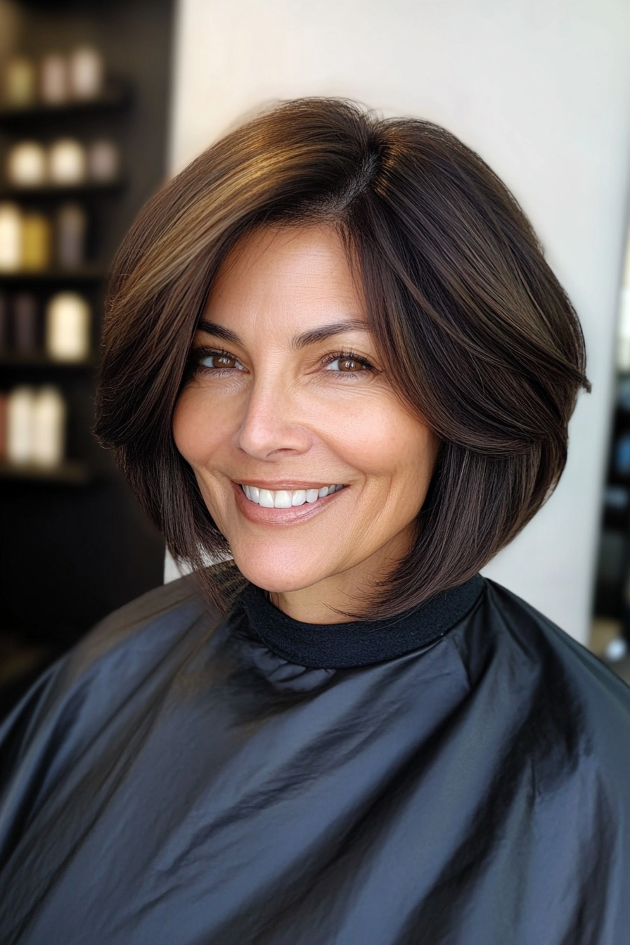 17. Deep Brunette Stacked Bob with Long Side Bangs (Stacked Haircuts For Older Women) - Stacked Haircuts For Older Women