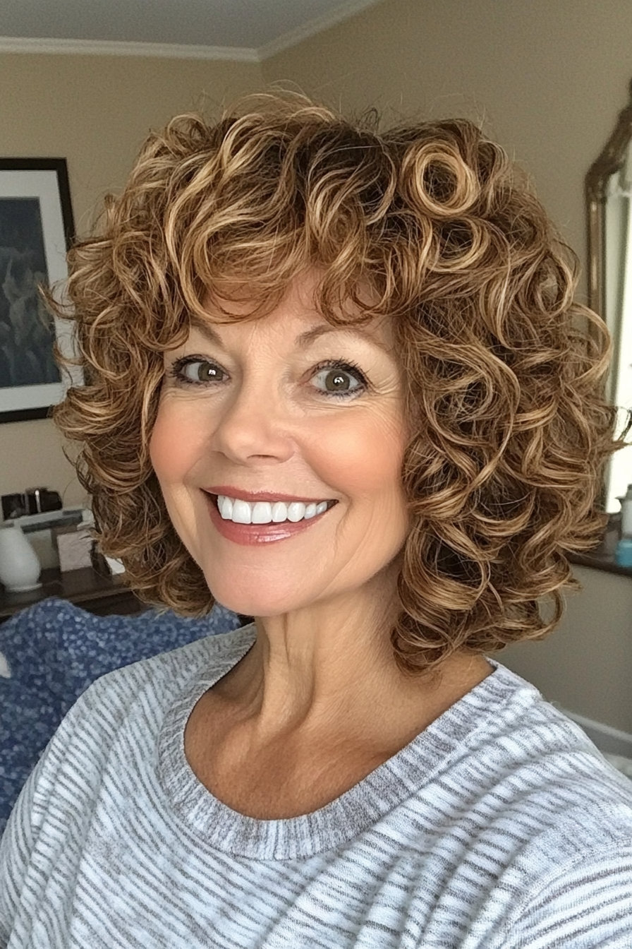 18. Golden Brown Curly Stacked Bob (Stacked Haircuts For Older Women) - Stacked Haircuts For Older Women
