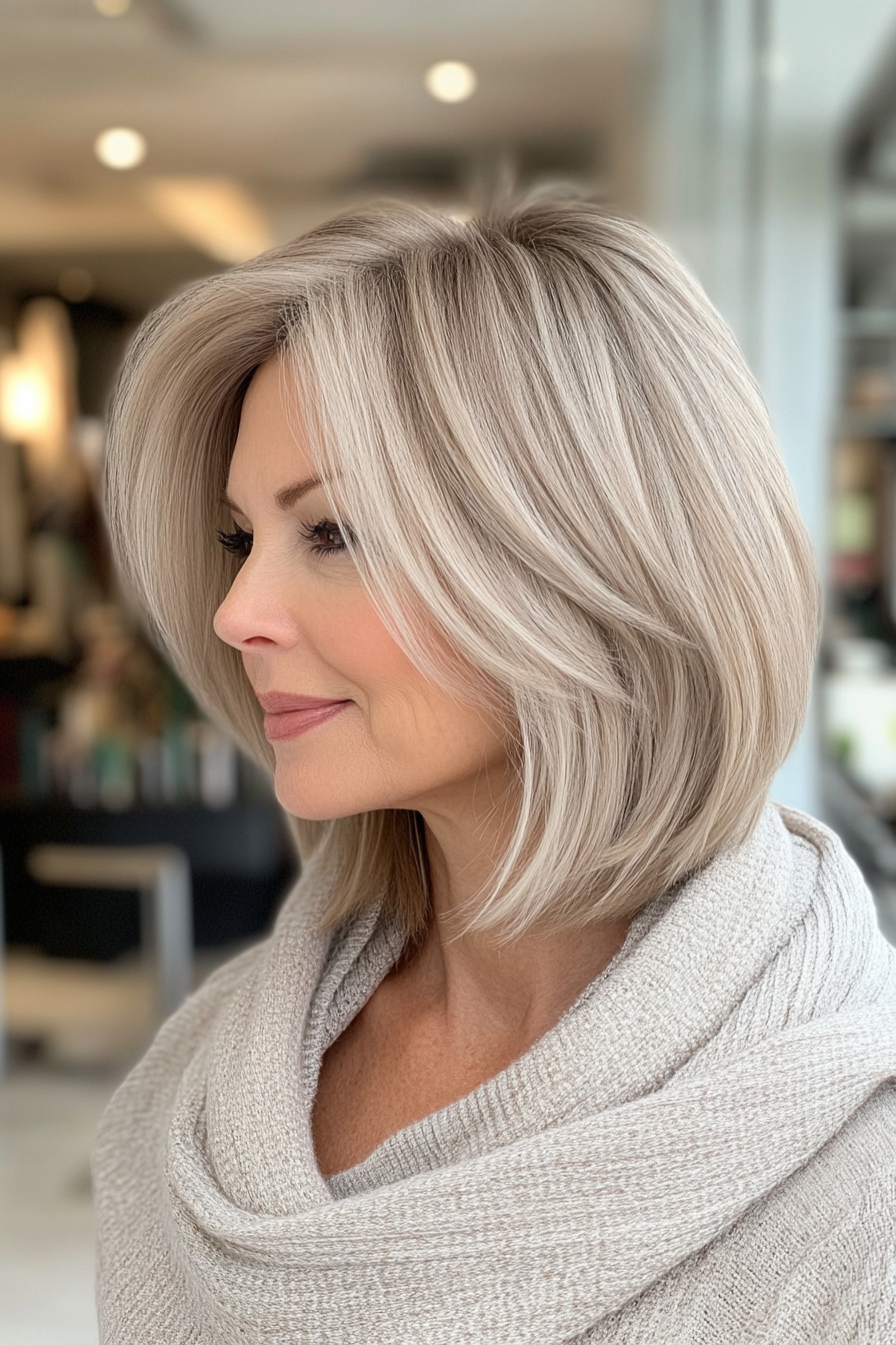 22. Muted Blonde Medium Stacked Bob with Layered Crown (Stacked Haircuts For Older Women) - Stacked Haircuts For Older Women