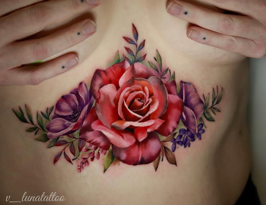 Stunning floral underboob tattoo showcasing artistry.