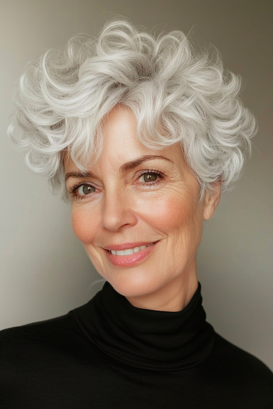 4. Icy White Feathered Pixie (Curly Pixie Haircuts For Women Over 60) - Curly Pixie Haircuts For Women Over 60