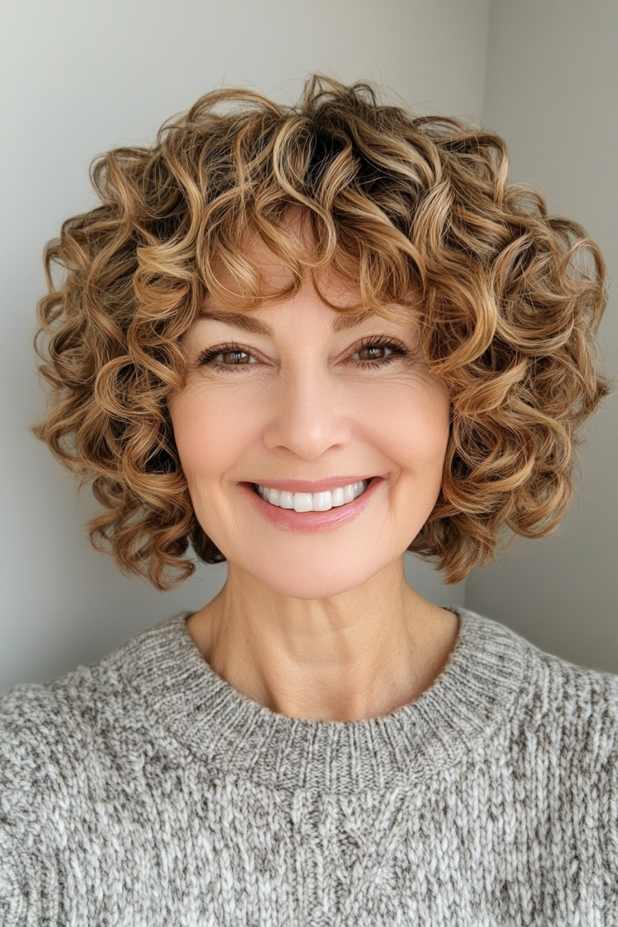 9. Caramel Toned Pixie with Defined Curls (Curly Pixie Haircuts For Women Over 60) - Curly Pixie Haircuts For Women Over 60