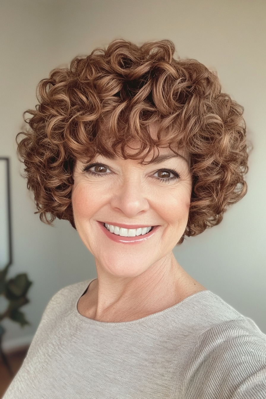 14. Short Curly Mushroom Pixie in Natural Brown (Curly Pixie Haircuts For Women Over 60) - Curly Pixie Haircuts For Women Over 60