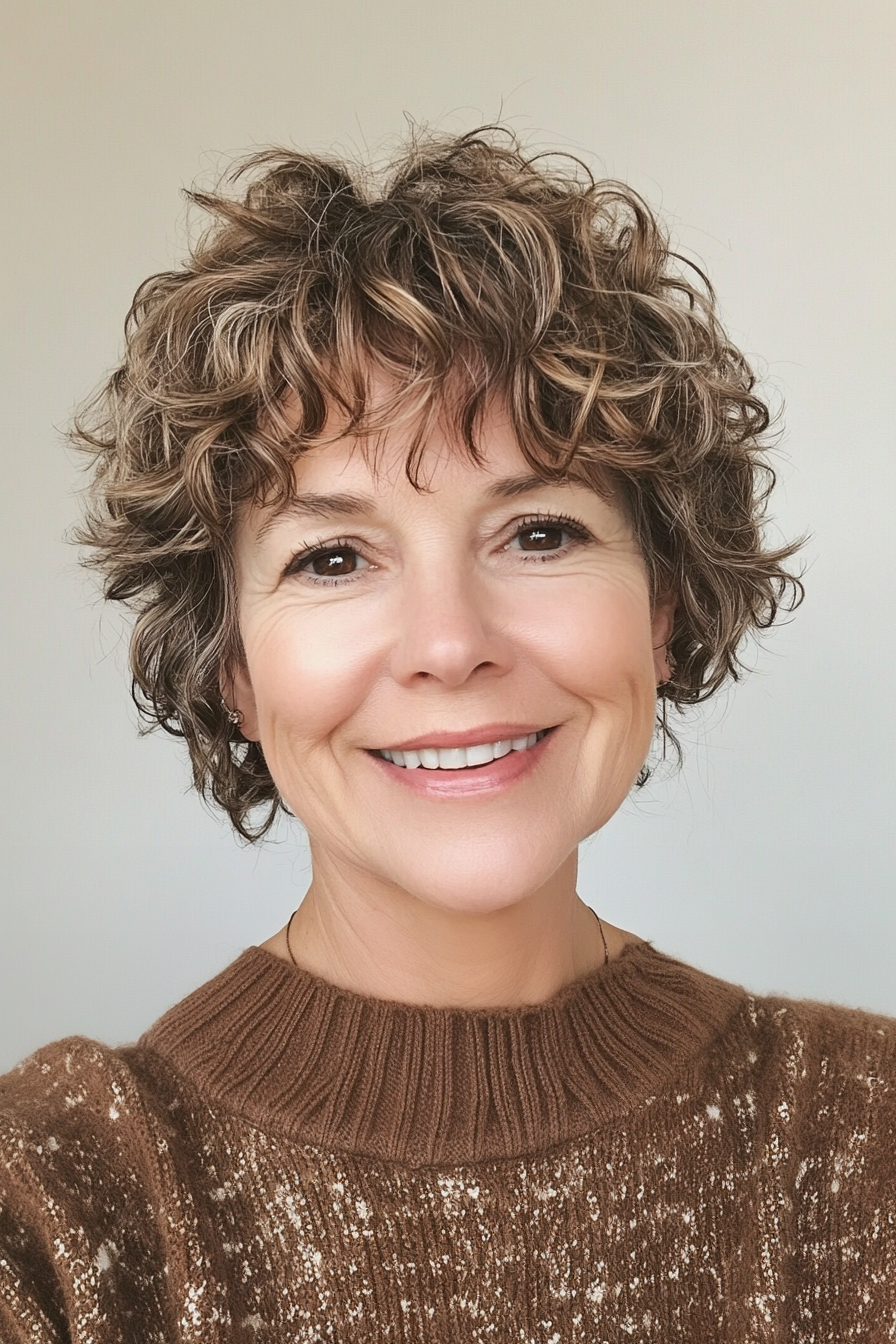 16. Short Pixie with Earthy Brown Waves (Curly Pixie Haircuts For Women Over 60) - Curly Pixie Haircuts For Women Over 60