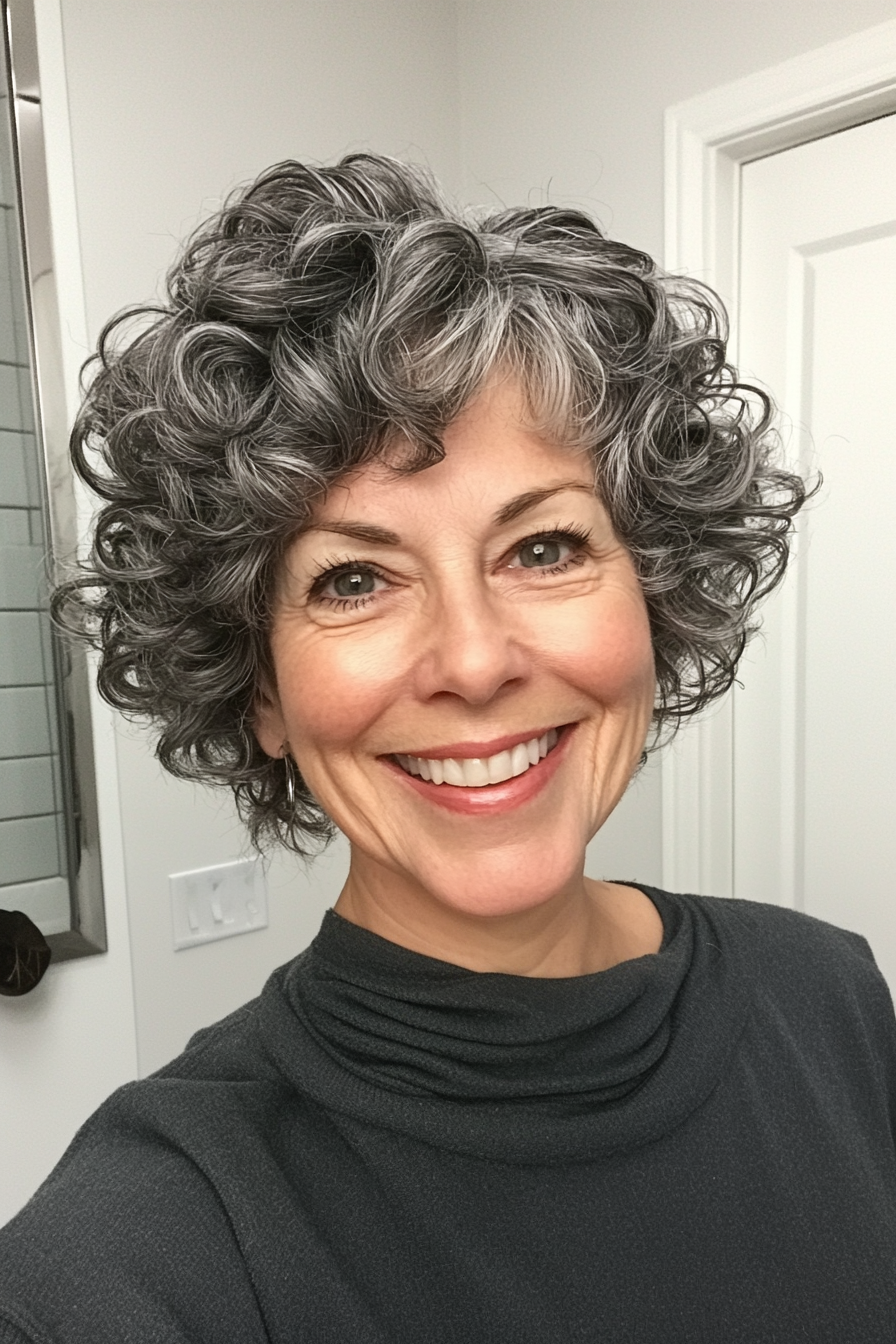 17. Brushed Forward Curly Pixie in Slate Gray (Curly Pixie Haircuts For Women Over 60) - Curly Pixie Haircuts For Women Over 60