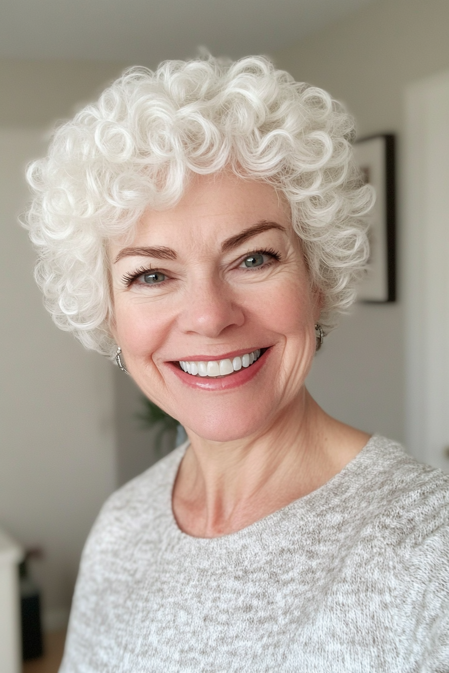18. Snowy White Classic Pixie Curls (Curly Pixie Haircuts For Women Over 60) - Curly Pixie Haircuts For Women Over 60