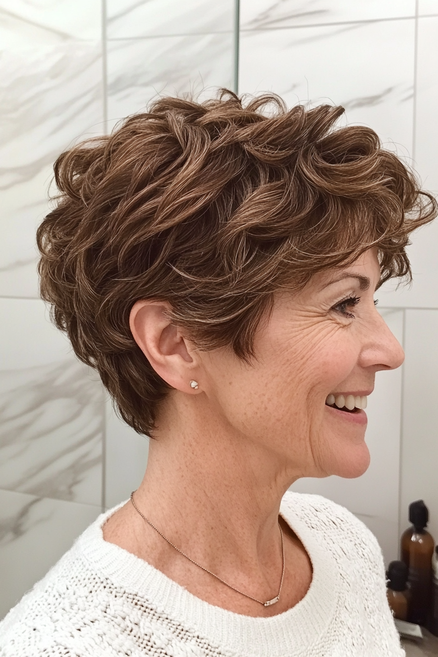 19. Cocoa Brown Tapered Pixie with Soft Curls (Curly Pixie Haircuts For Women Over 60) - Curly Pixie Haircuts For Women Over 60