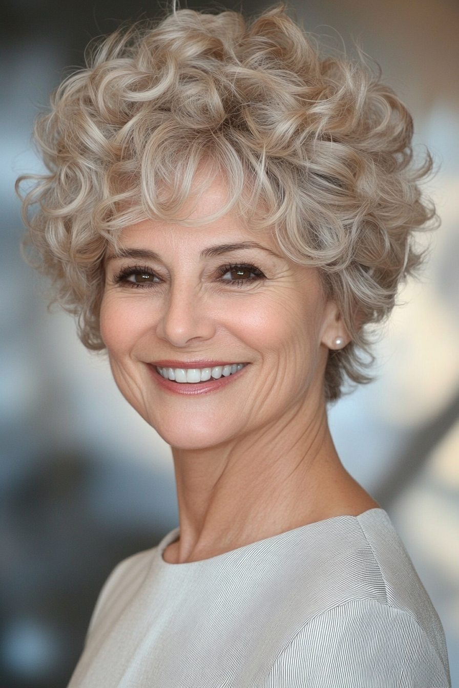 20. Warm Beige Tousled Pixie (Curly Pixie Haircuts For Women Over 60) - Curly Pixie Haircuts For Women Over 60