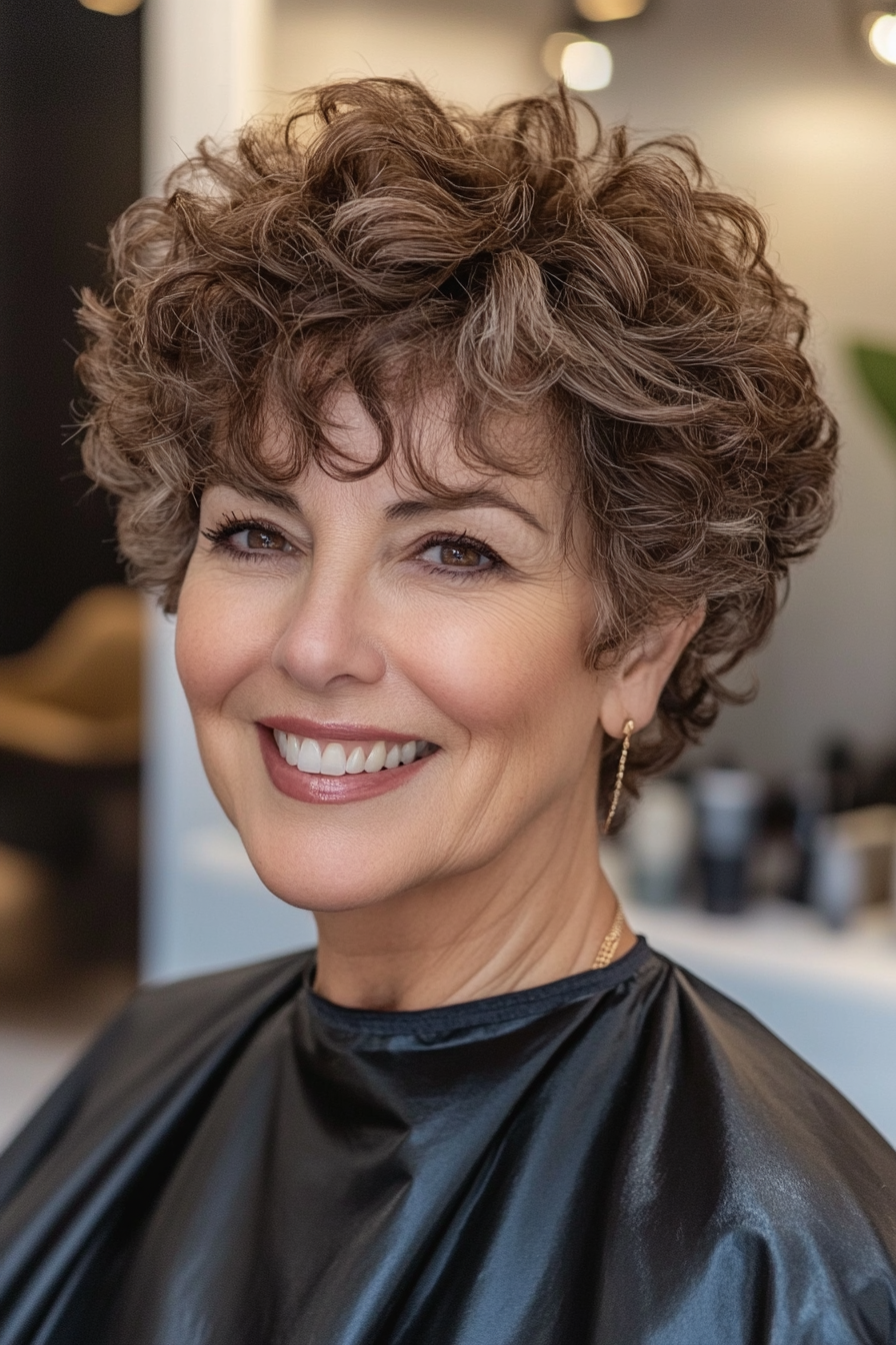 22. Fluffy Pixie in Medium Brown (Curly Pixie Haircuts For Women Over 60) - Curly Pixie Haircuts For Women Over 60