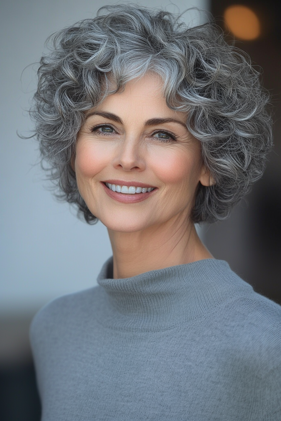 24. Short Pixie Curls in Cool Gray (Curly Pixie Haircuts For Women Over 60) - Curly Pixie Haircuts For Women Over 60