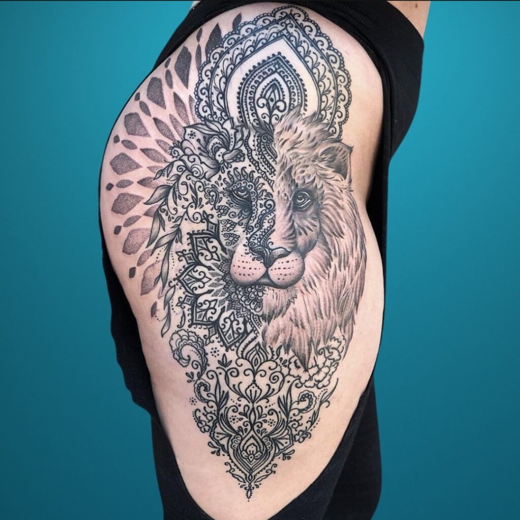 Lion And Mandala Hip Tattoo