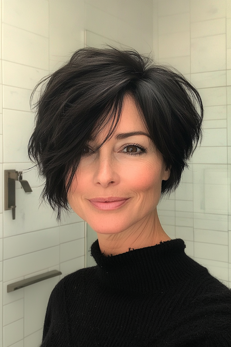 2. Textured Asymmetrical Pixie in Natural Black (Asymmetrical Haircuts For Older Women) - Asymmetrical Haircuts For Older Women