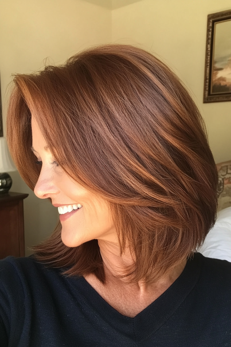 3. Asymmetrical Layered Lob in Warm Chestnut Brown (Asymmetrical Haircuts For Older Women) - Asymmetrical Haircuts For Older Women