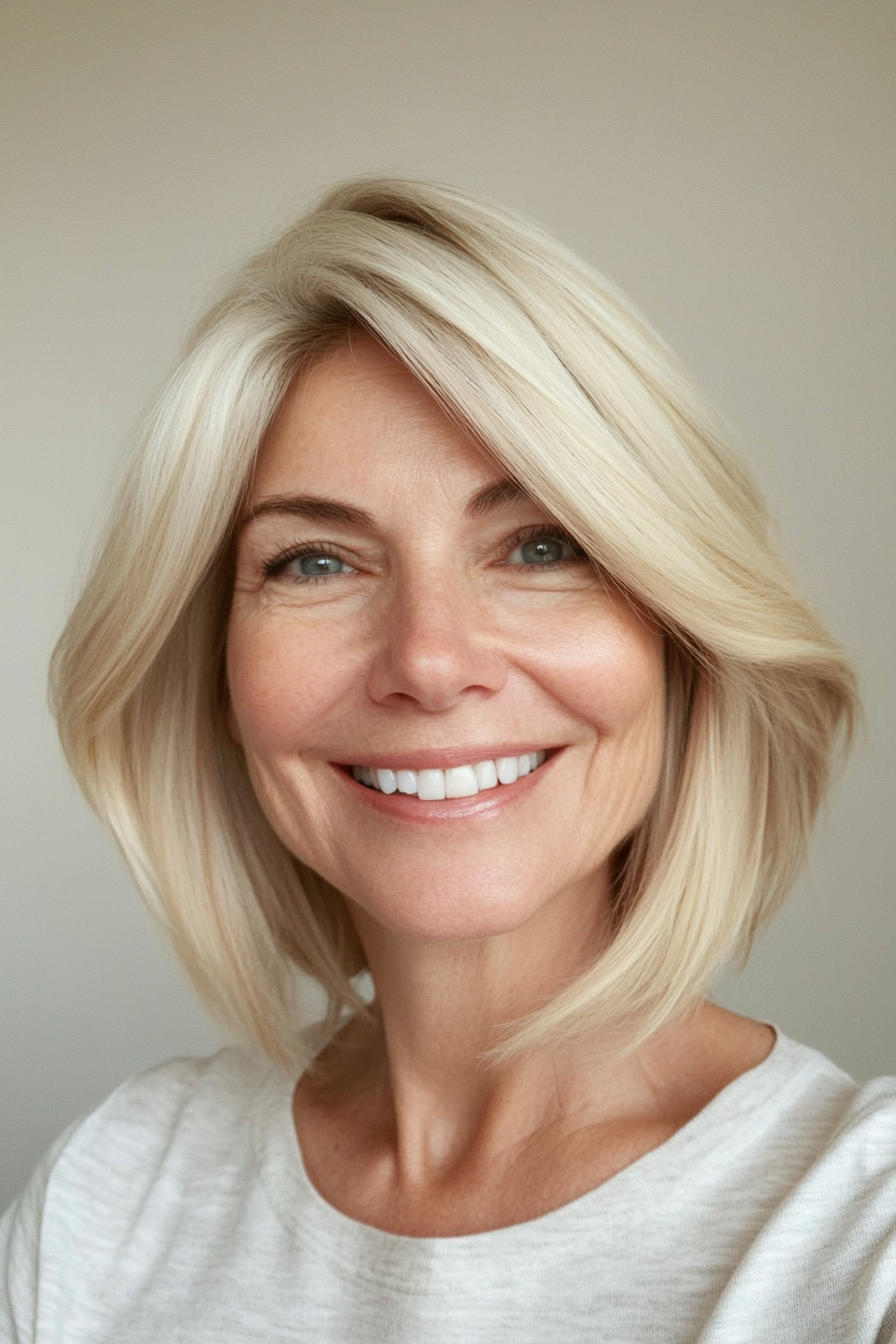 4. Chin-Length Asymmetrical Cut in Sandy Blonde (Asymmetrical Haircuts For Older Women) - Asymmetrical Haircuts For Older Women