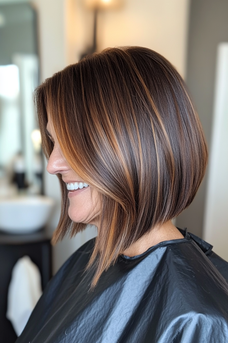 5. Angled Bob with Subtle Caramel Highlights on Dark Brown (Asymmetrical Haircuts For Older Women) - Asymmetrical Haircuts For Older Women